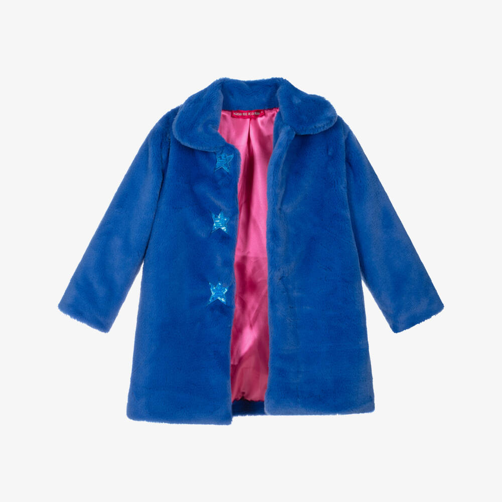 Agatha Ruiz de la Prada-Girls Blue Faux Fur Coat with Sequinned Stars | Childrensalon Outlet