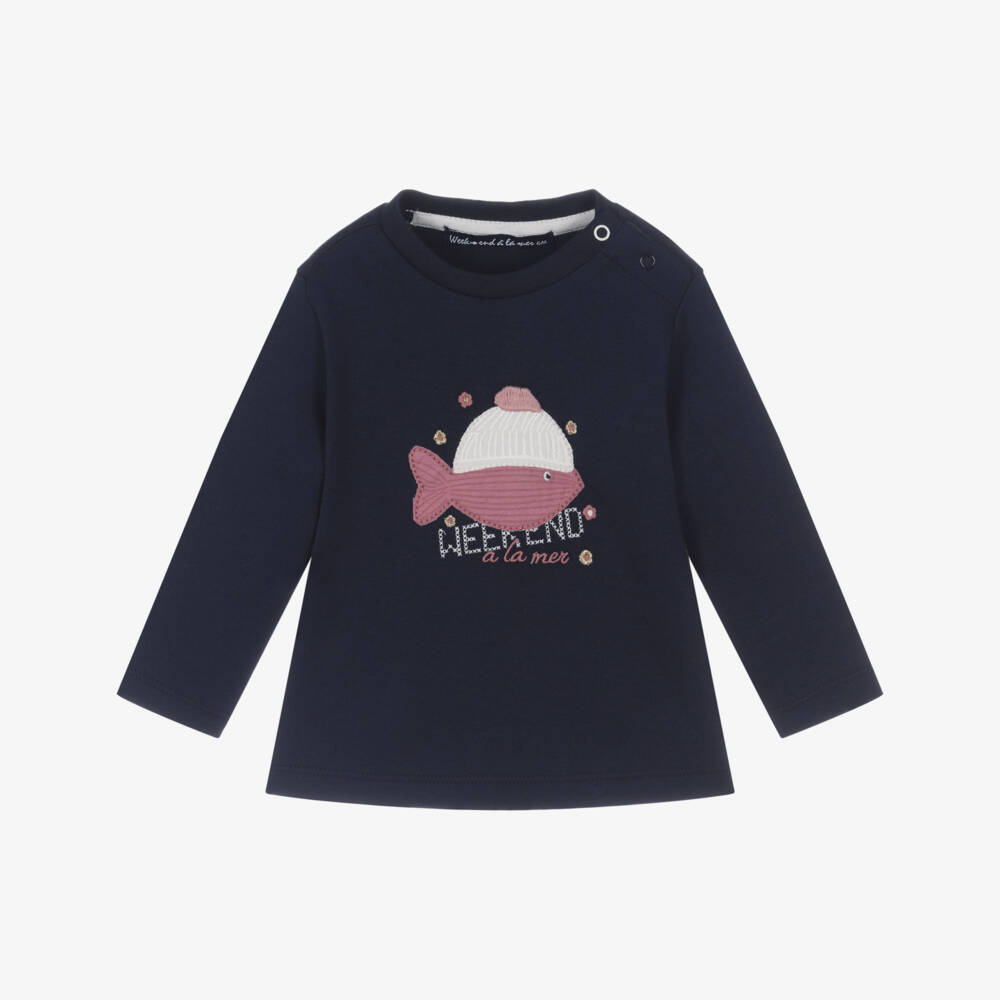 Week-end à la mer-Girls Blue Fish Logo Cotton Jersey Top | Childrensalon Outlet