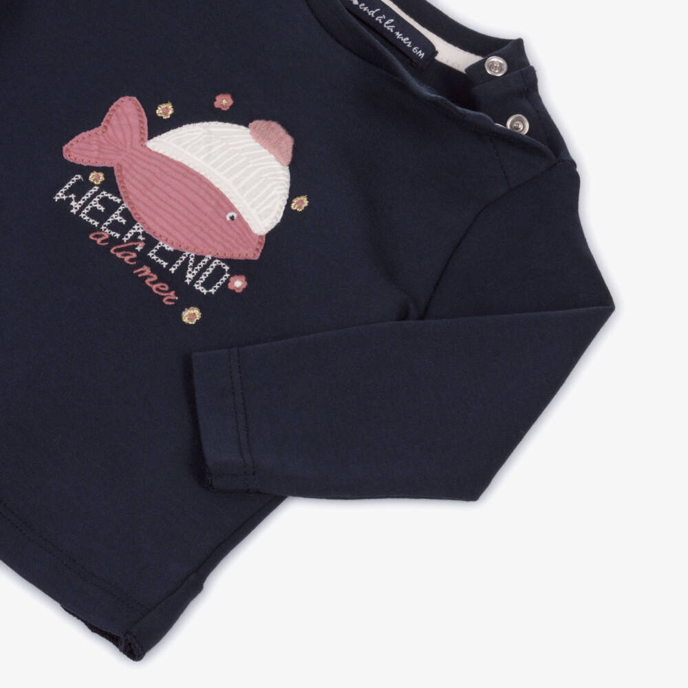 Week-end à la mer-Girls Blue Fish Logo Cotton Jersey Top | Childrensalon Outlet