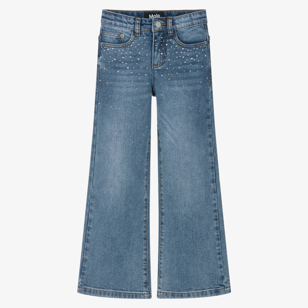 Molo-Girls Blue Flared Slim Fit Rhinestone Denim Jeans | Childrensalon Outlet