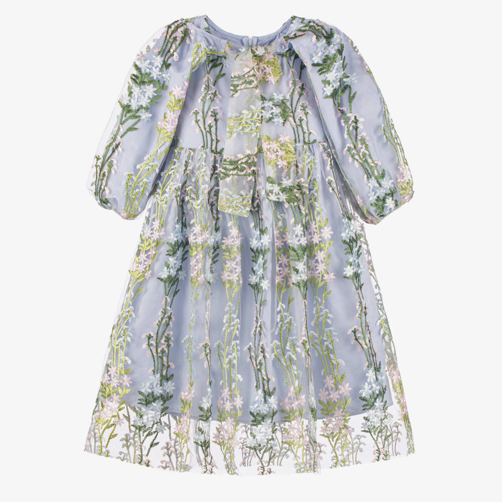 RaspberryPlum-Girls Blue Floral Embroidered Tulle Dress | Childrensalon Outlet