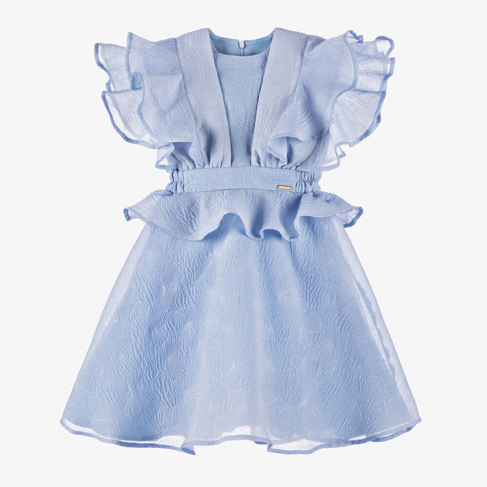 POCA & POCA-Girls Blue Floral Jacquard Dress with Ruffles | Childrensalon Outlet