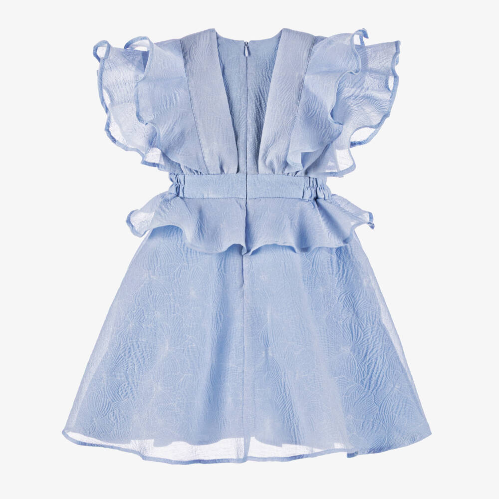 POCA & POCA-Girls Blue Floral Jacquard Dress with Ruffles | Childrensalon Outlet