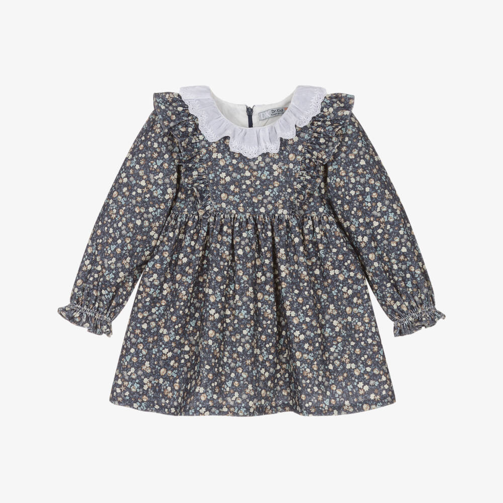 Dr. Kid-Girls Blue Floral Needlecord Dress with Ruffle Collar | Childrensalon Outlet