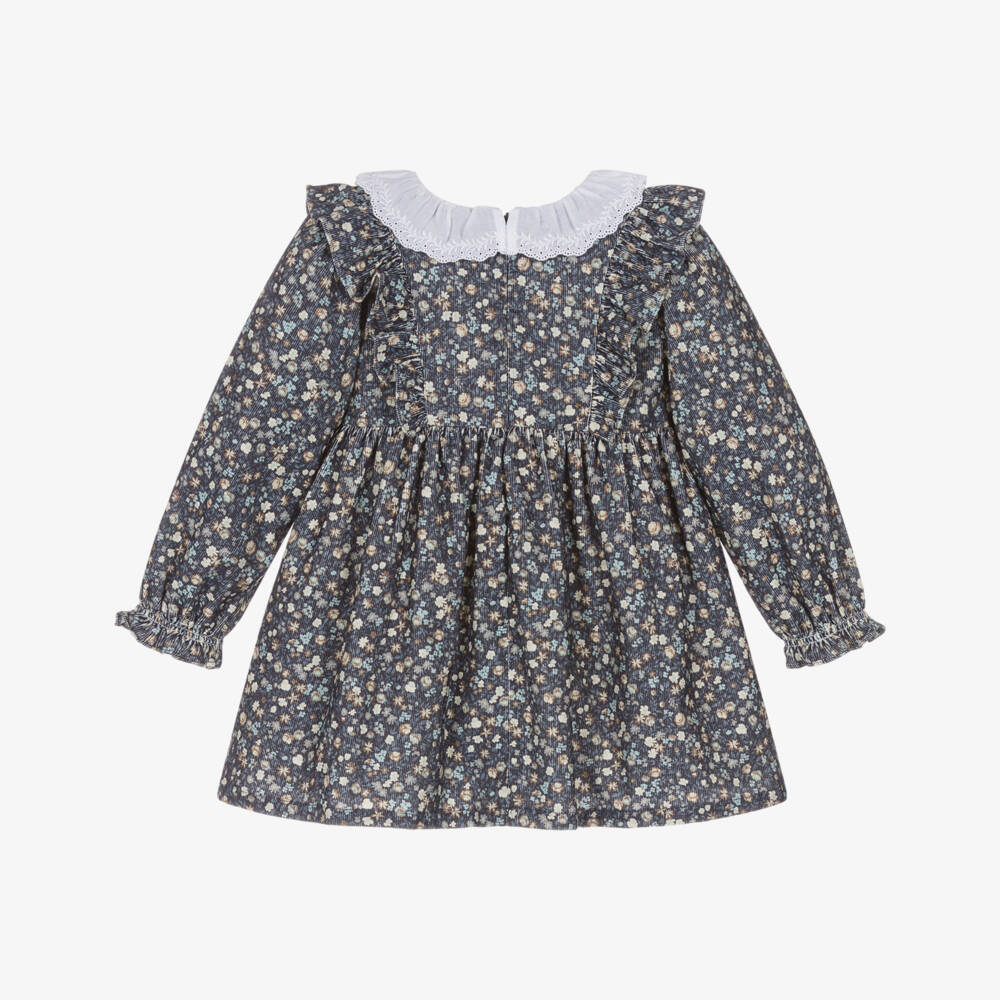 Dr. Kid-Girls Blue Floral Needlecord Dress with Ruffle Collar | Childrensalon Outlet