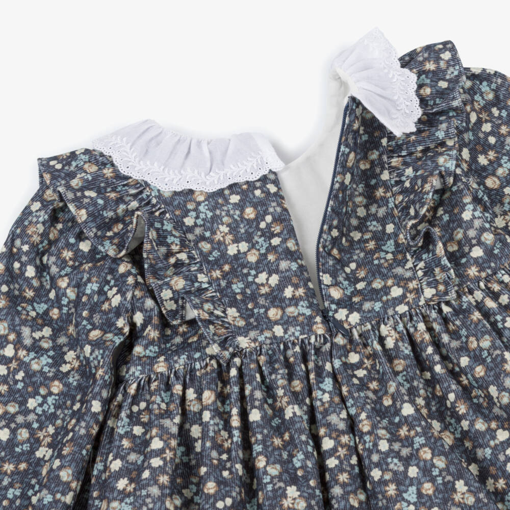 Dr. Kid-Girls Blue Floral Needlecord Dress with Ruffle Collar | Childrensalon Outlet