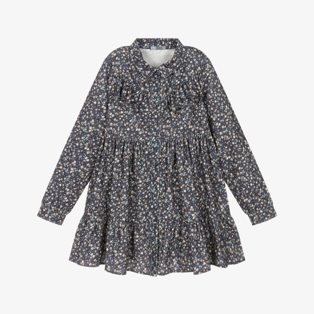 Dr. Kid-Girls Blue Floral Needlecord Dress with Ruffles | Childrensalon Outlet