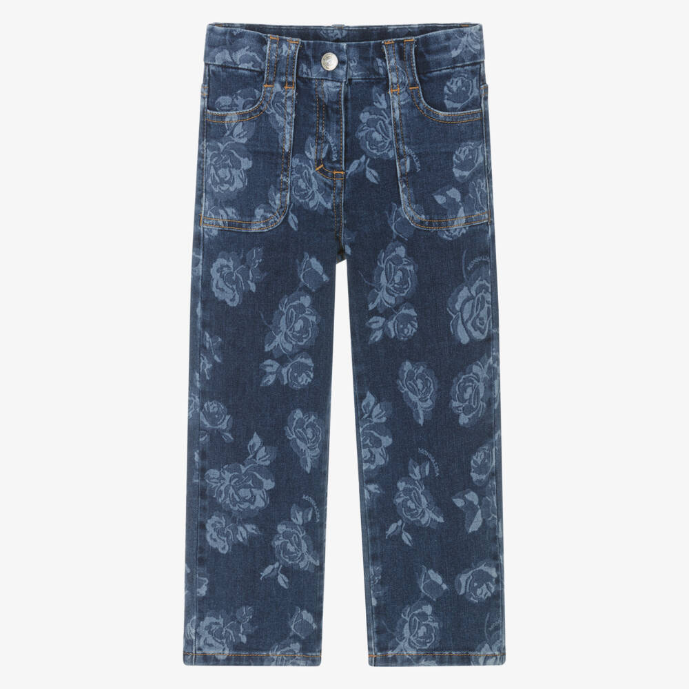 Monnalisa-Girls Blue Floral Print Disney Denim Jeans | Childrensalon Outlet
