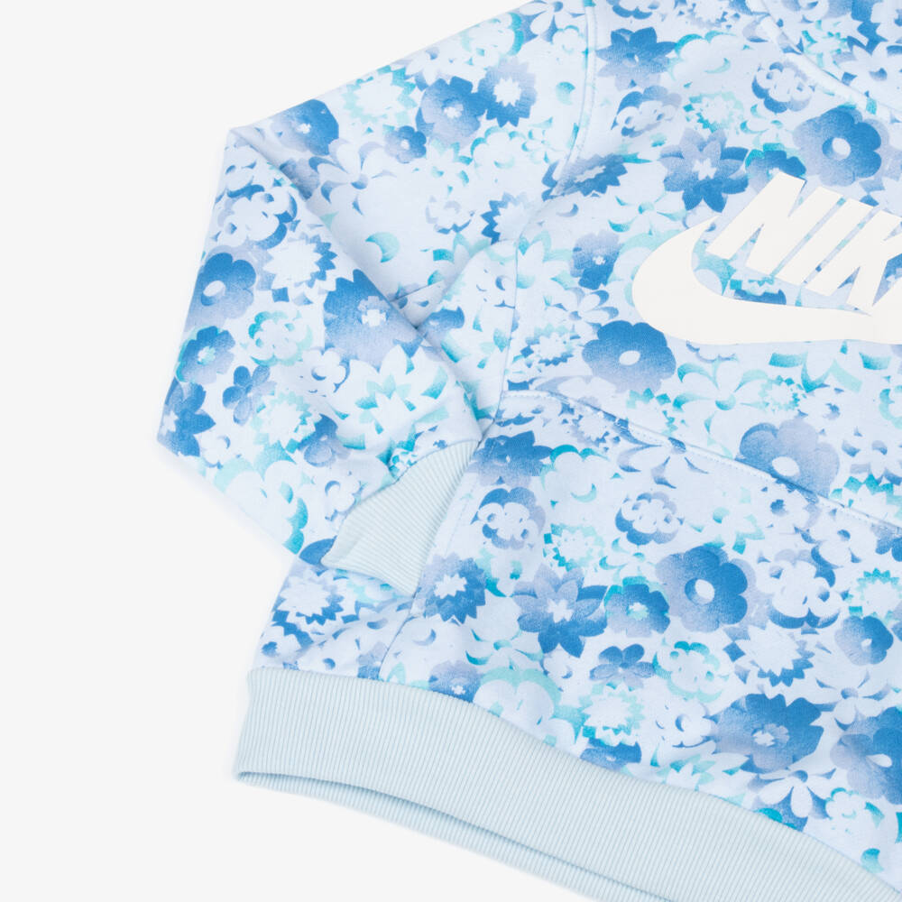 Nike-Girls Blue Floral Swoosh Logo Cotton Hoodie | Childrensalon Outlet