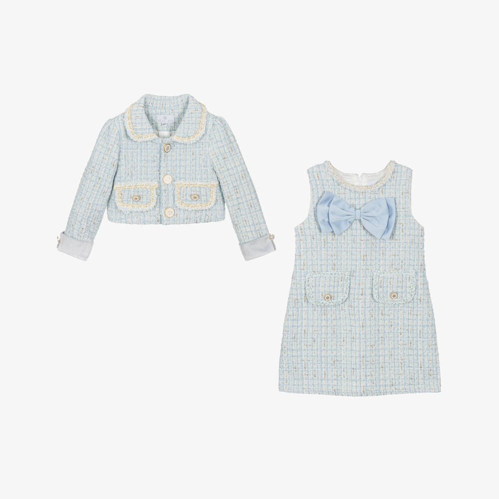 Beau KiD-Girls Blue & Gold Tweed Dress Set with Enamelled Buttons | Childrensalon Outlet