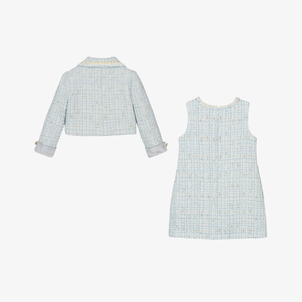 Beau KiD-Girls Blue & Gold Tweed Dress Set with Enamelled Buttons | Childrensalon Outlet