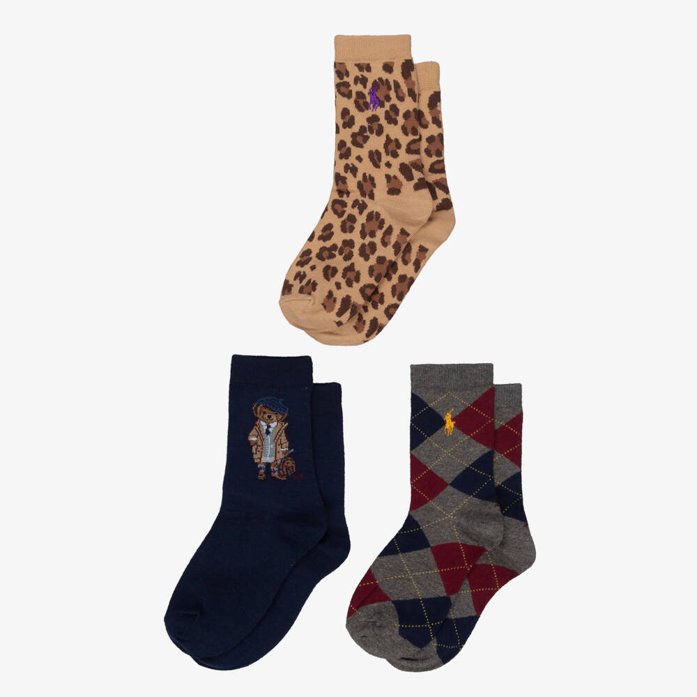 Ralph Lauren-Girls Blue, Grey & Beige Cotton Knit Socks (3 Pack) | Childrensalon Outlet