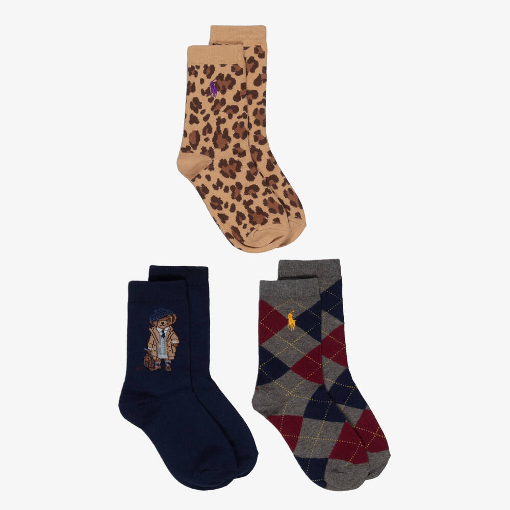 Ralph Lauren-Girls Blue, Grey & Beige Cotton Knit Socks (3 Pack) | Childrensalon Outlet