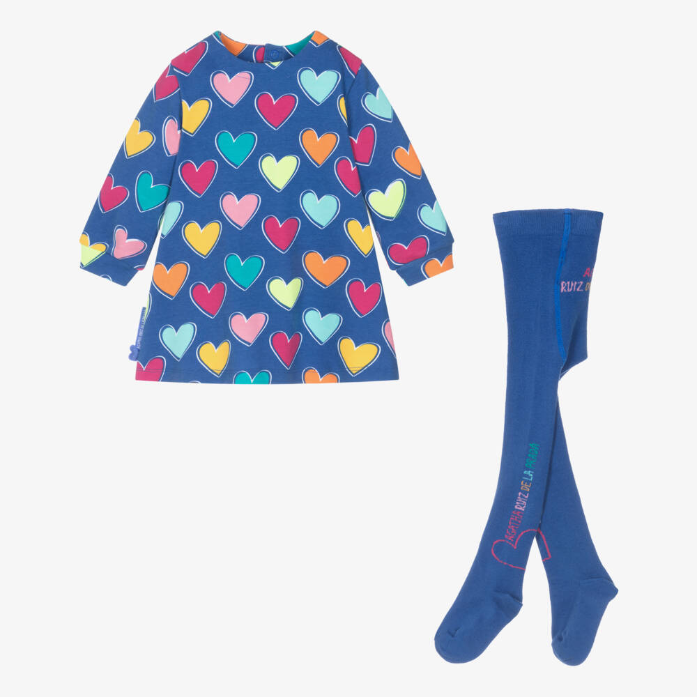 Agatha Ruiz de la Prada-Girls Blue Heart Print Cotton Jersey Dress & Tights Set | Childrensalon Outlet