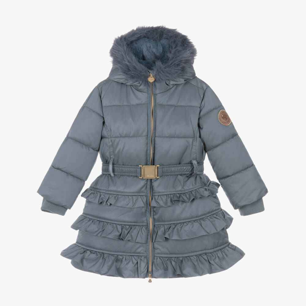 Le Chic-Girls Blue Hooded Puffer Coat with Faux Fur Trim | Childrensalon Outlet