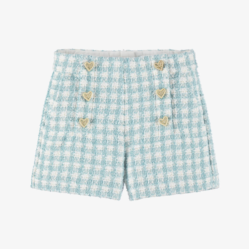 Abel & Lula-Girls Blue Houndstooth Tweed Shorts | Childrensalon Outlet