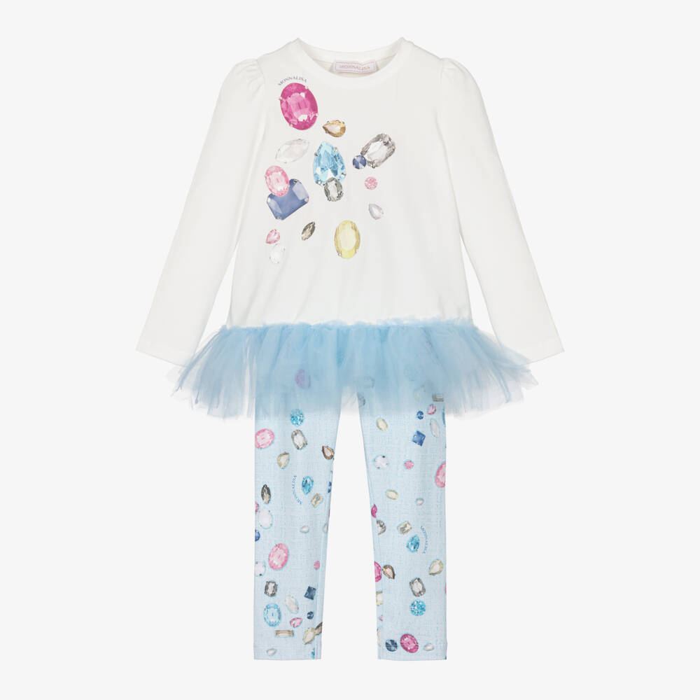 Monnalisa-طقم ليجنز أزرق بطبعة جواهر للبنات | Childrensalon Outlet