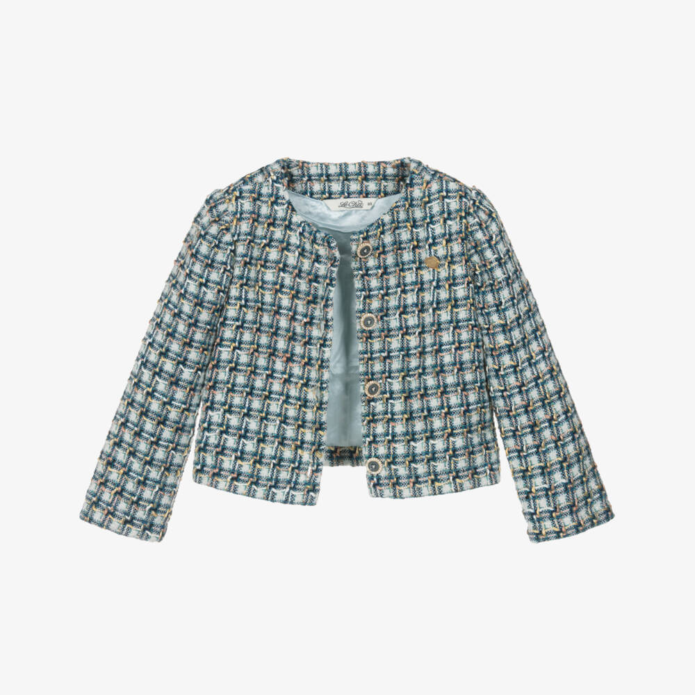 Le Chic-Girls Blue & Ivory Tweed Jacket with Diamanté Buttons | Childrensalon Outlet