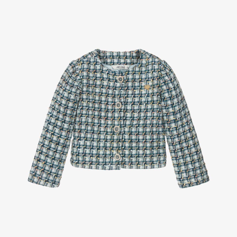 Le Chic-Girls Blue & Ivory Tweed Jacket with Diamanté Buttons | Childrensalon Outlet