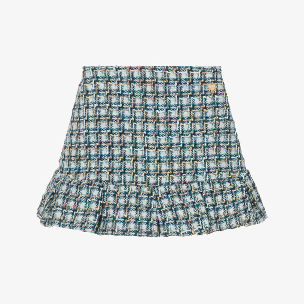 Le Chic-Girls Blue & Ivory Tweed Skirt with Gold Heart Logo Charm | Childrensalon Outlet