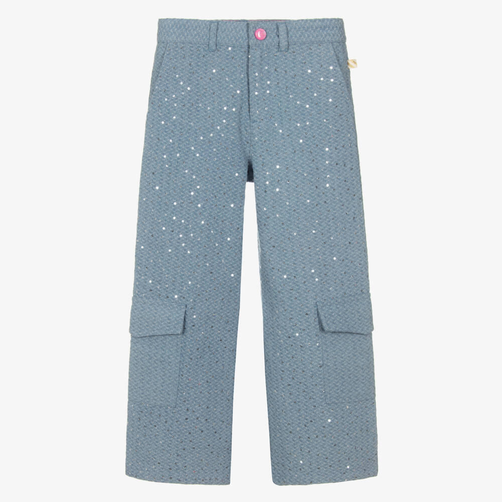 Billieblush-Girls Blue Jacquard Denim Sequinned Trousers | Childrensalon Outlet