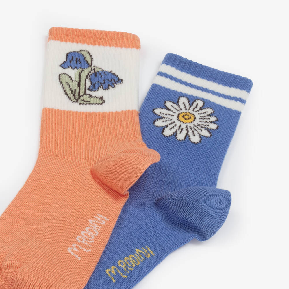 Mini Rodini-Girls Blue & Orange Floral Cotton Socks (2 Pack) | Childrensalon Outlet