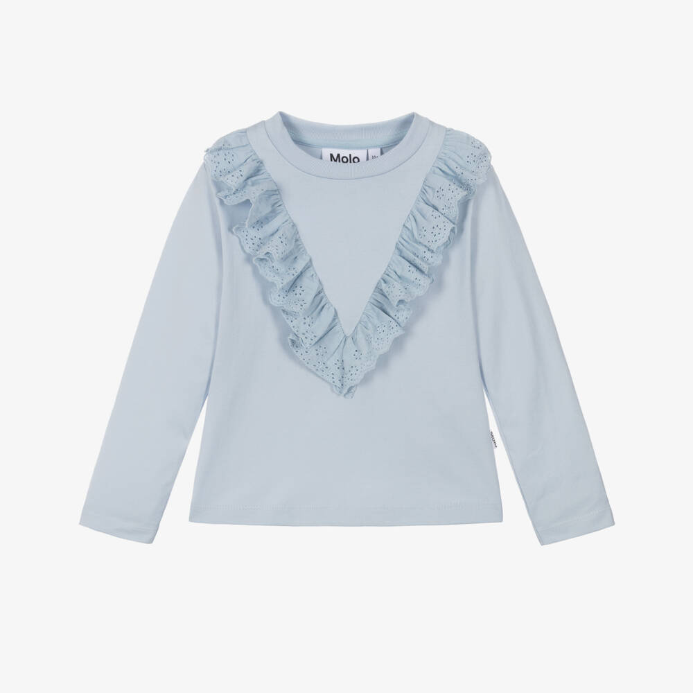Molo-Girls Blue Organic Cotton Ruffle Trim Top | Childrensalon Outlet