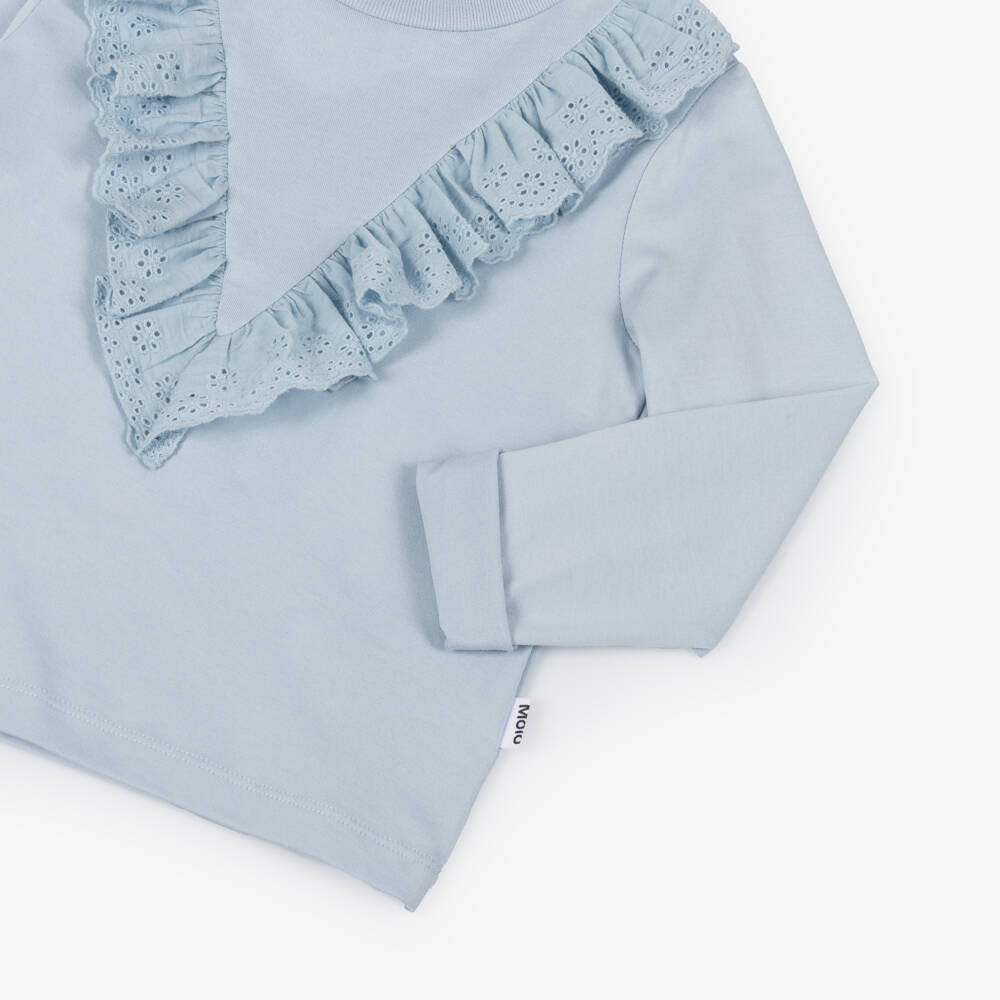 Molo-Girls Blue Organic Cotton Ruffle Trim Top | Childrensalon Outlet