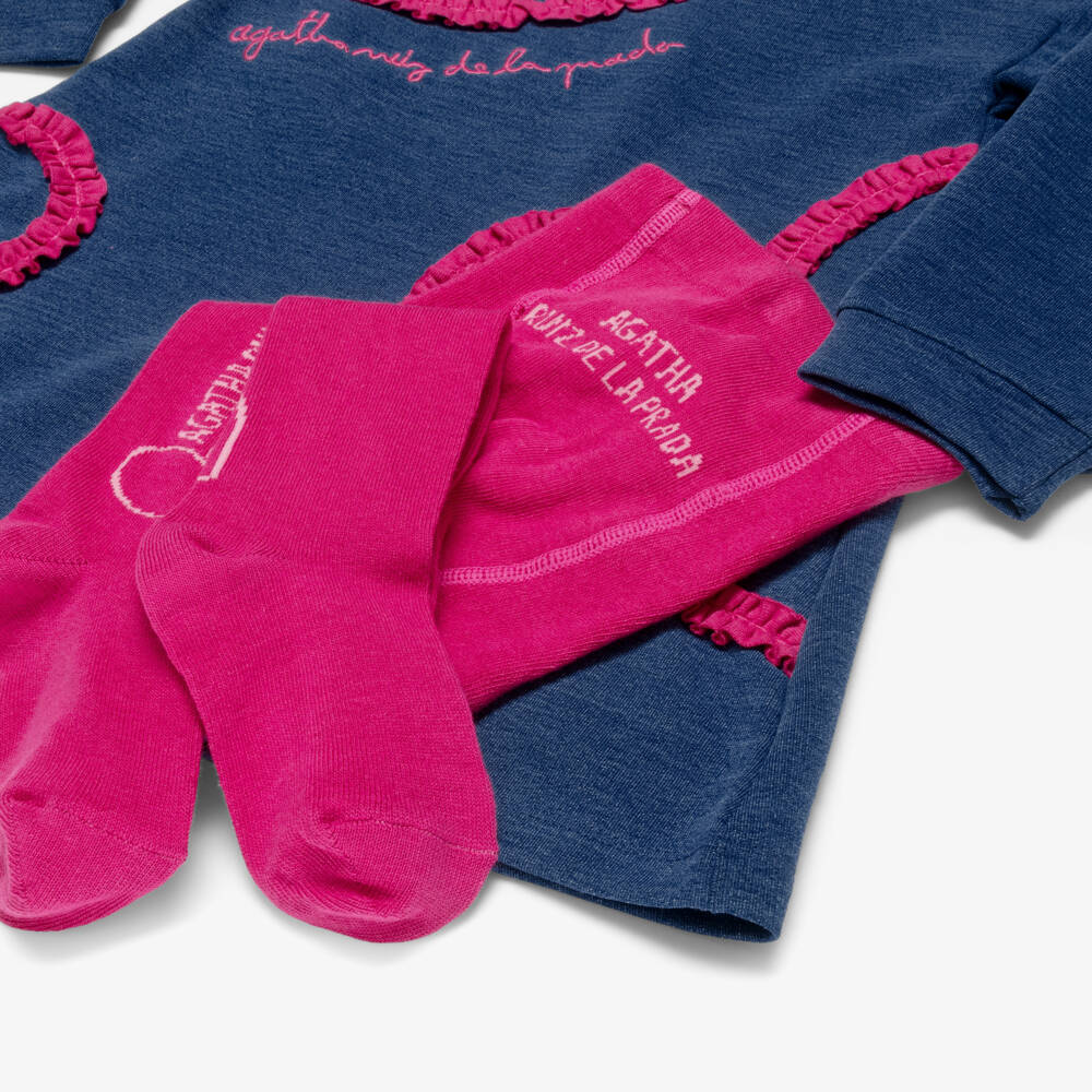 Agatha Ruiz de la Prada-Girls Blue & Pink Cotton Jersey Dress & Tights Set | Childrensalon Outlet