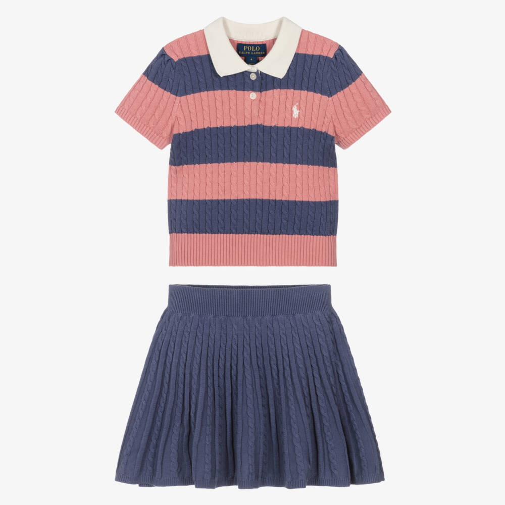 Ralph Lauren-Girls Blue & Pink Striped Cotton Knit Skirt Set | Childrensalon Outlet