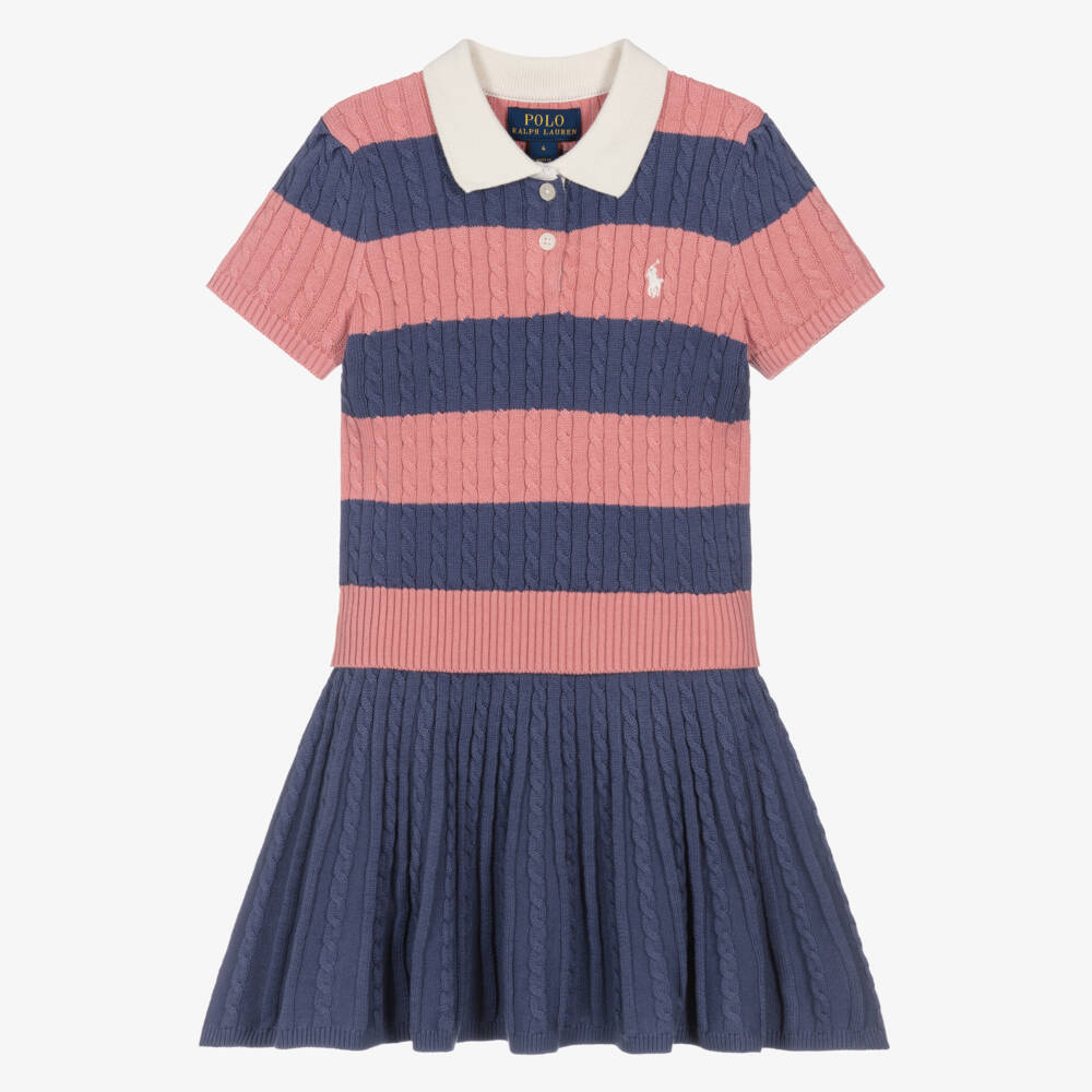 Ralph Lauren-Girls Blue & Pink Striped Cotton Knit Skirt Set | Childrensalon Outlet
