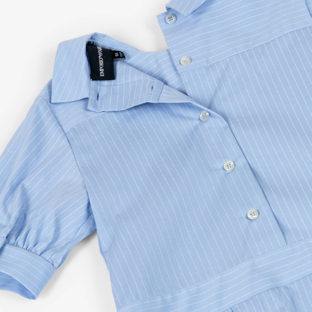 Emporio Armani-Girls Blue Pinstripe Cotton Dress with Eagle Logo | Childrensalon Outlet