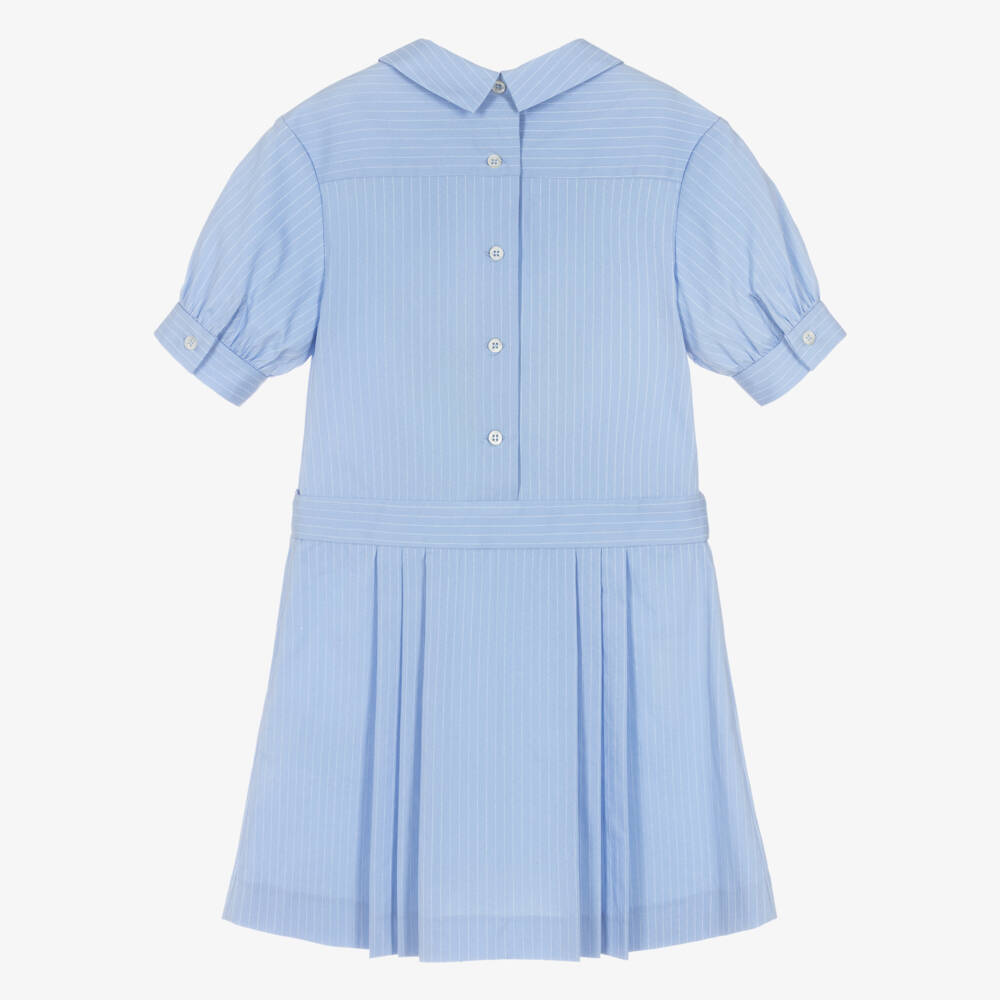 Emporio Armani-Girls Blue Pinstripe Cotton Dress with Eagle Logo | Childrensalon Outlet