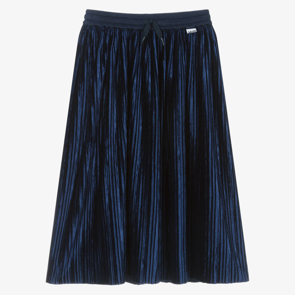 Molo-Girls Blue Pleated Velour Skirt | Childrensalon Outlet