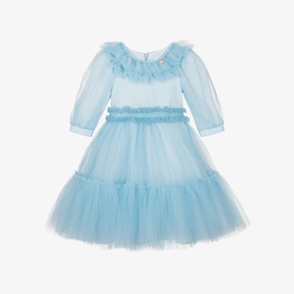 Monnalisa-Girls Blue Ruffle Collar Tulle Dress | Childrensalon Outlet