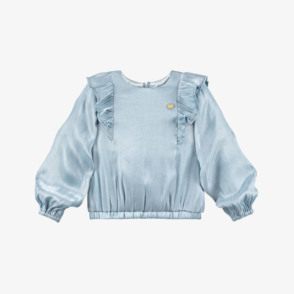 Le Chic-Girls Blue Satin Ruffle Blouse | Childrensalon Outlet