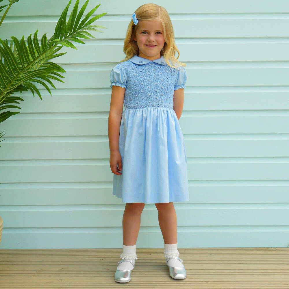 Rachel Riley-Girls Blue Smocked Cotton Dress | Childrensalon Outlet
