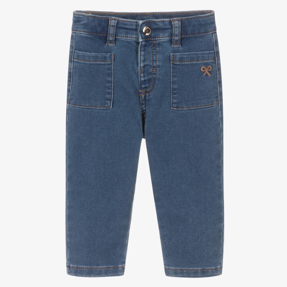 Mayoral-Girls Blue Stretch Denim Jeans with Embroidered Bow | Childrensalon Outlet