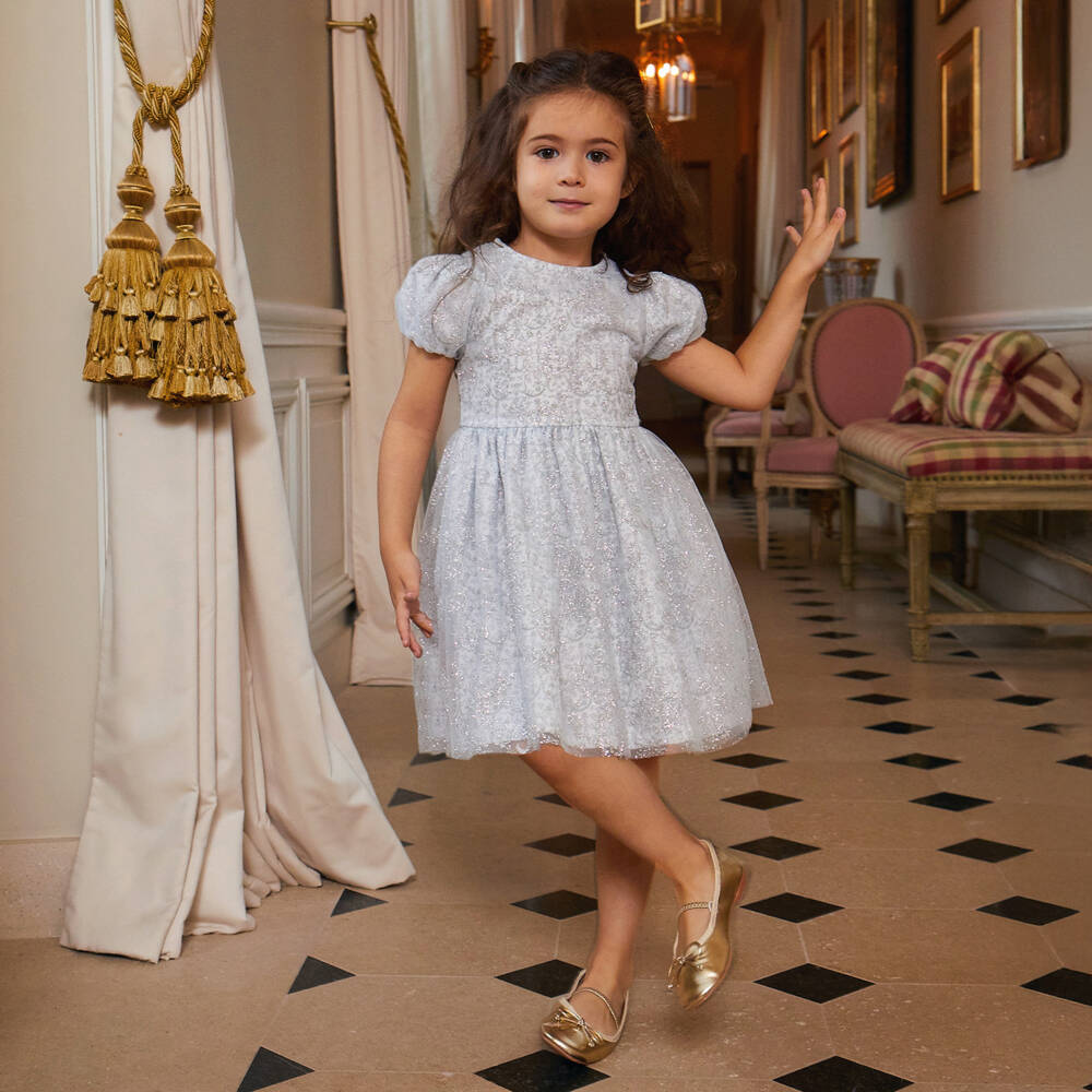 Atelier Choux Paris-Girls Blue Toile de Jouy Glitter Dress | Childrensalon Outlet
