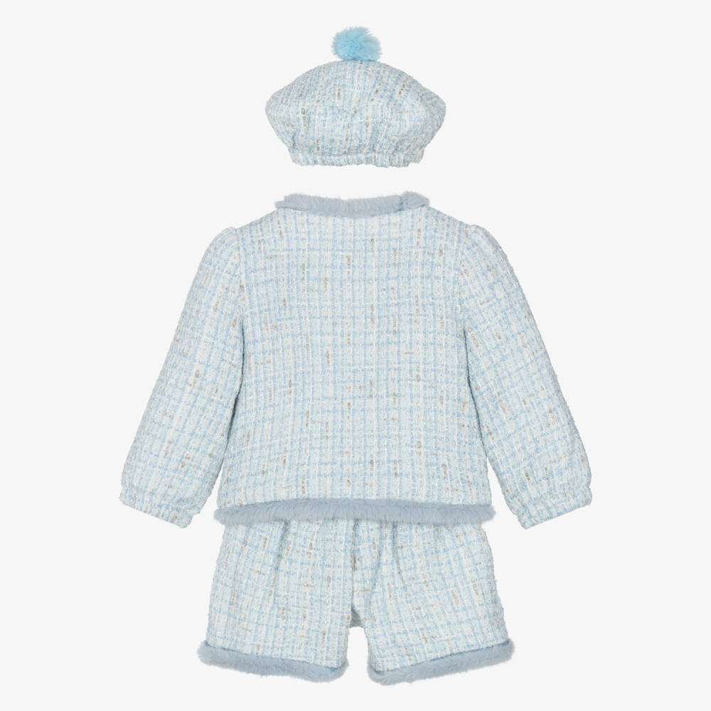 Beau KiD-Girls Blue Tweed Shorts Set with Faux Fur Trim | Childrensalon Outlet