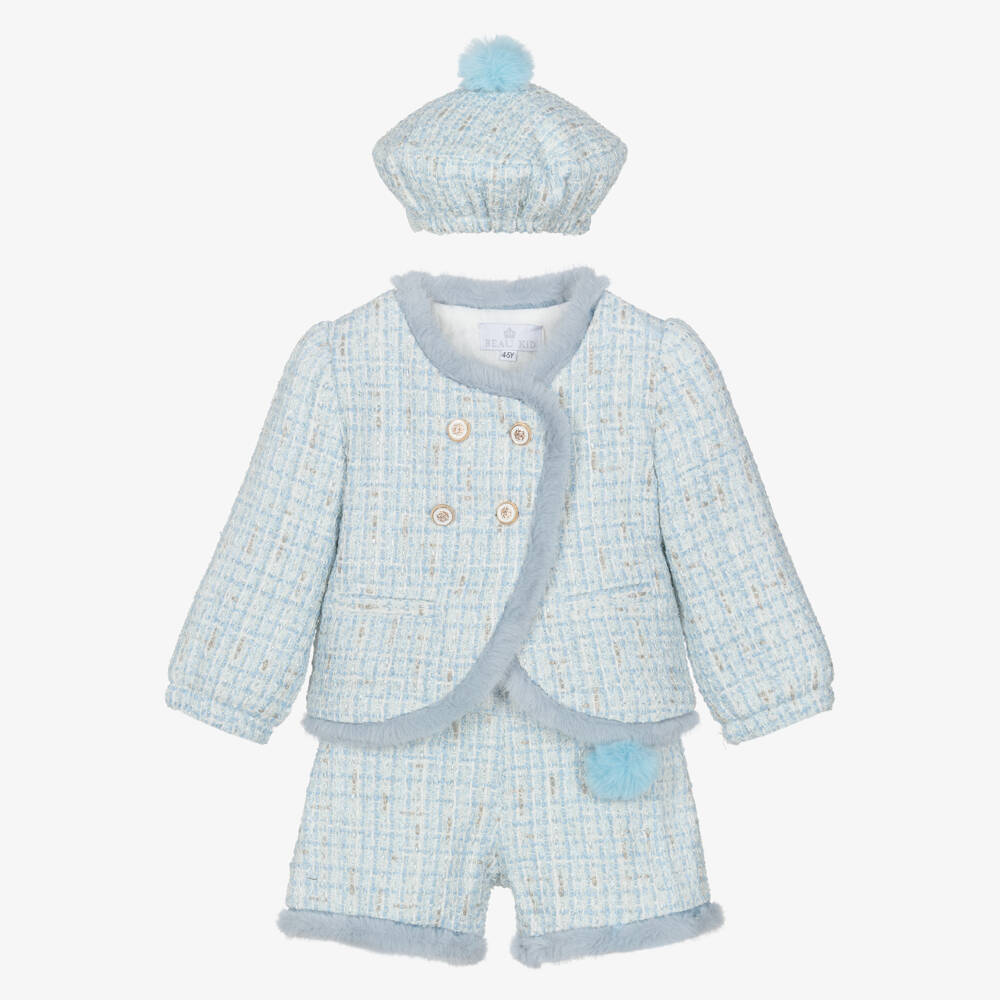 Beau KiD-Girls Blue Tweed Shorts Set with Faux Fur Trim | Childrensalon Outlet