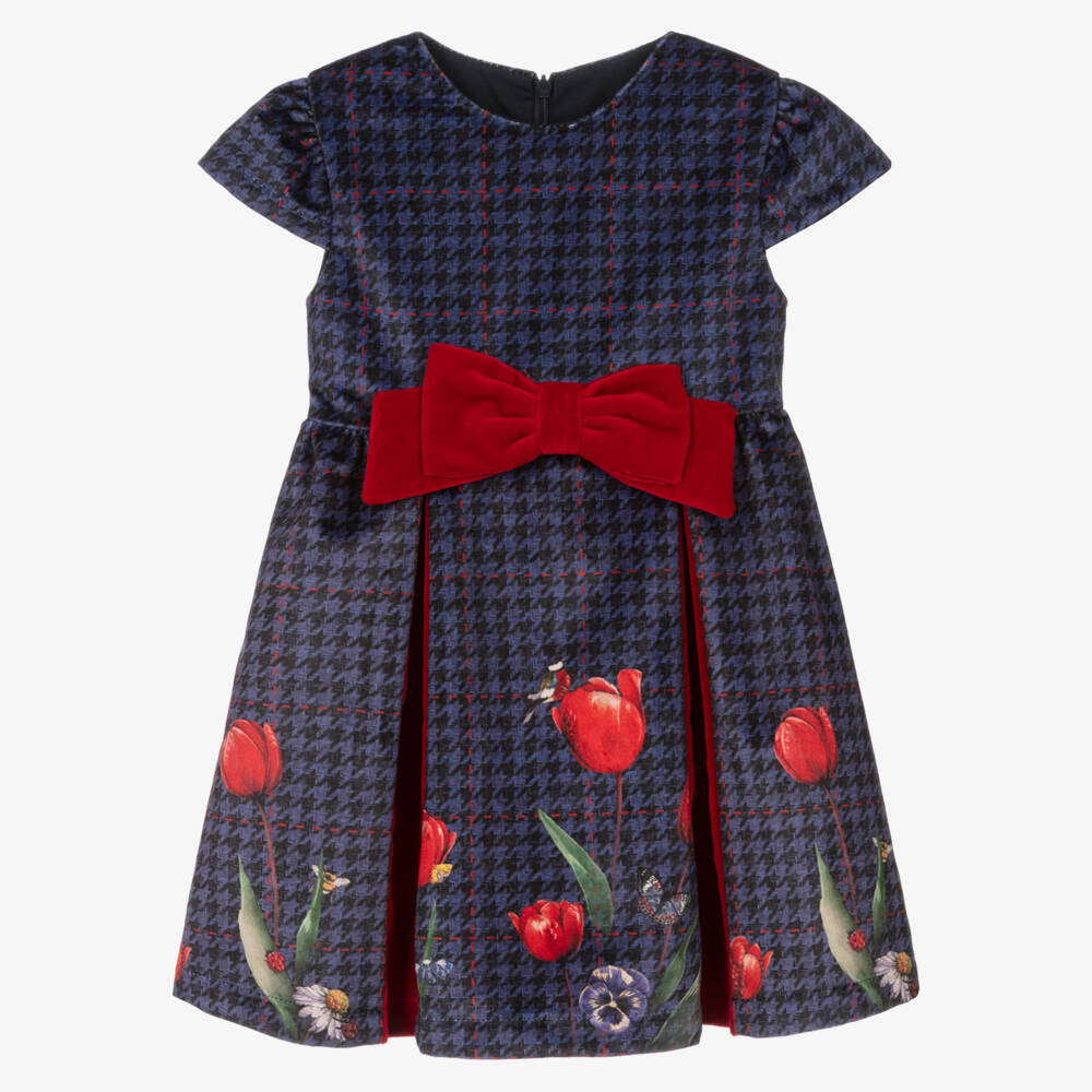 Lapin House-Girls Blue Velvet Houndstooth Dress | Childrensalon Outlet
