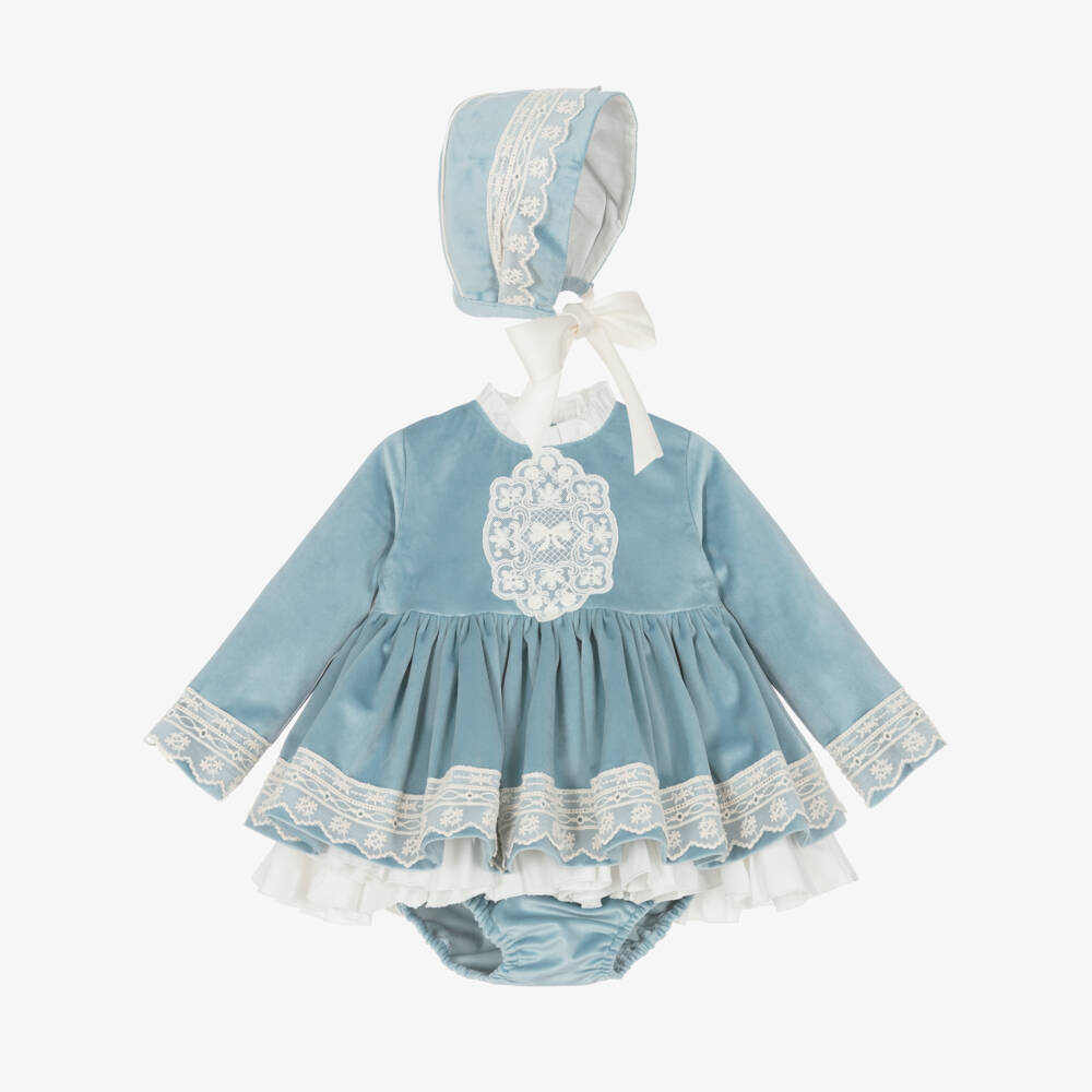 Abuela Tata-Girls Blue Velvet & Ivory Lace Dress Set  | Childrensalon Outlet