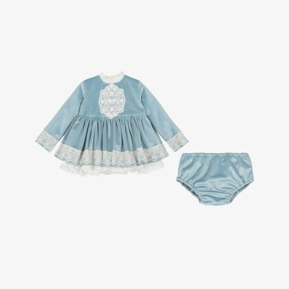 Abuela Tata-Girls Blue Velvet & Ivory Lace Dress Set | Childrensalon Outlet