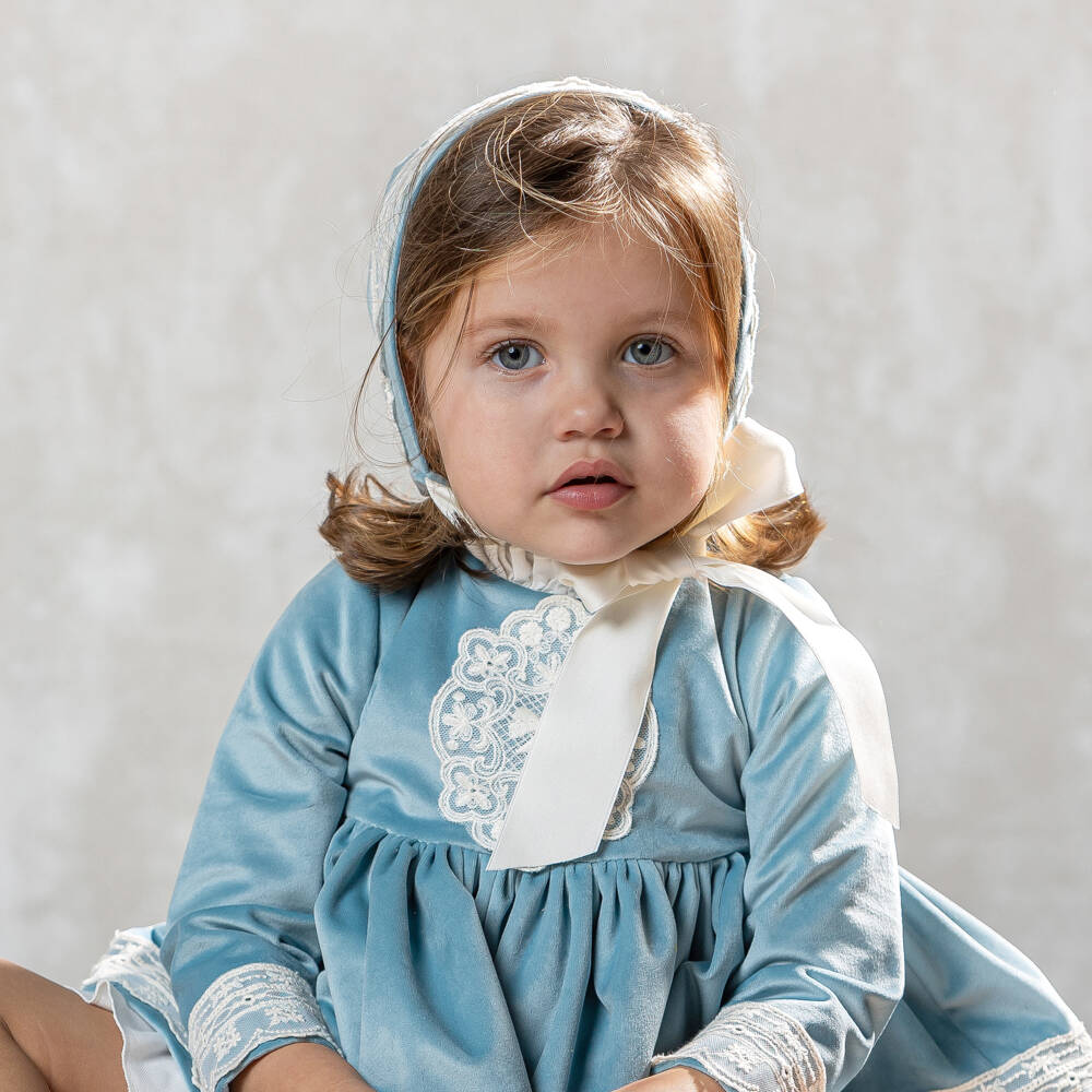 Abuela Tata-Girls Blue Velvet & Ivory Lace Dress Set | Childrensalon Outlet