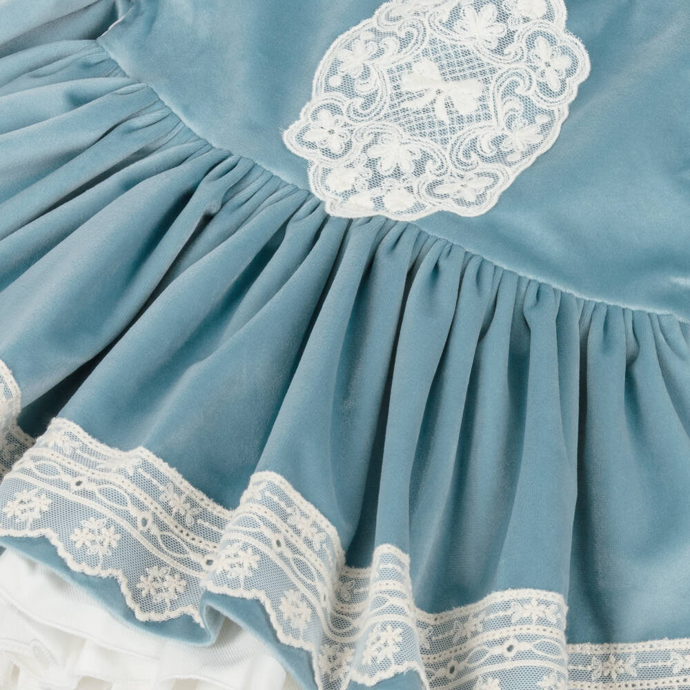 Abuela Tata-Girls Blue Velvet & Ivory Lace Dress Set | Childrensalon Outlet