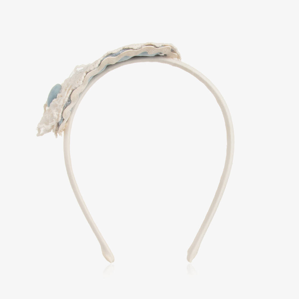 Abuela Tata-Girls Blue Velvet & Ivory Lace Hairband | Childrensalon Outlet