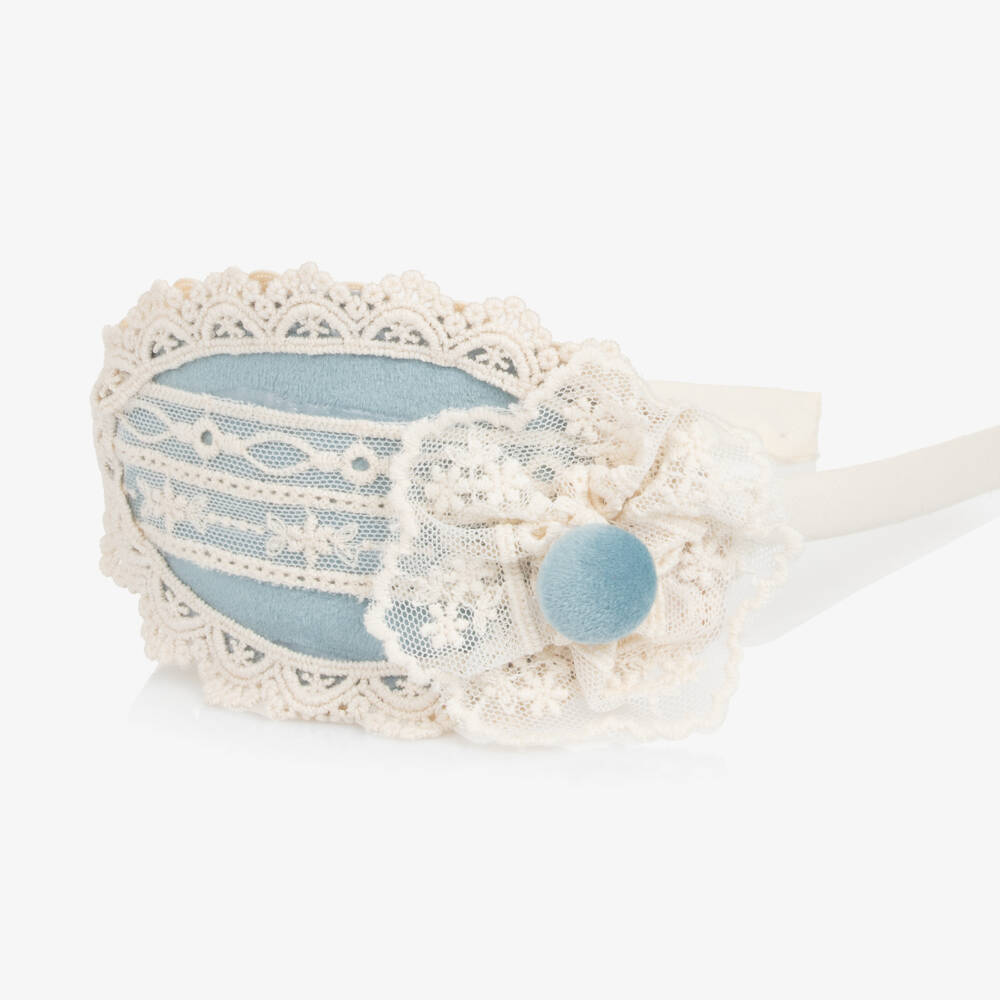 Abuela Tata-Girls Blue Velvet & Ivory Lace Hairband | Childrensalon Outlet