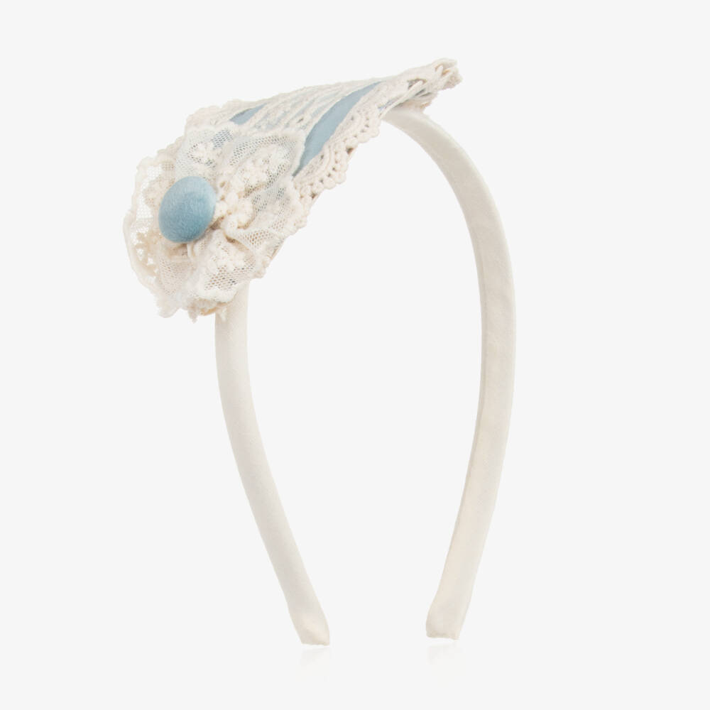 Abuela Tata-Girls Blue Velvet & Ivory Lace Hairband | Childrensalon Outlet