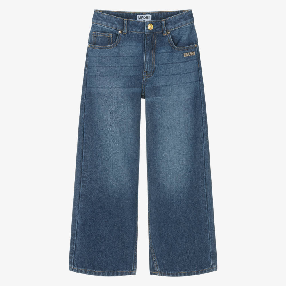 Moschino-Girls Blue Washed Denim Wide-Leg Jeans | Childrensalon Outlet